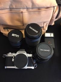 Camera lenses; GEMINI, TAKUMAR, and Pentax 35MM camera and flash