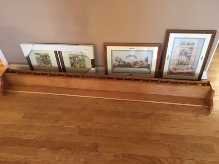 various prints, long oak shelf with rail