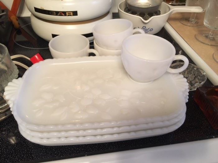 Vintage milk glass sandwich plates and cups; set of 4