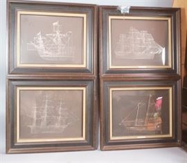Lot 39 4 Sterling Silver Sailing Ships Framed under Plas