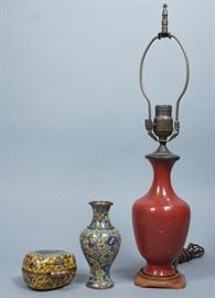 Lot 106 3pc Vintage Cloisonne Enamel lot. Lamp in red ena
