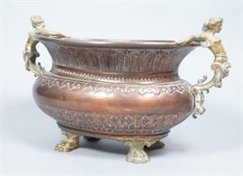 Lot 109 Copper  Brass Antique Center Bowl. Tooled copper