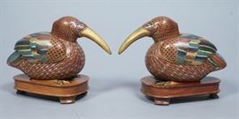 Lot 110 Pr Cloisonne Brass Figural Bird Boxes. Brass form