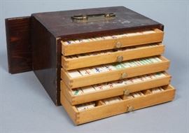 Lot 113 Vintage Mah Jongg Gaming Set. Dovetail wood box. 