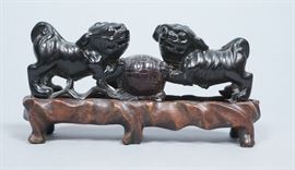 Lot 124 Carved Asian Foo Dogs  Ball Figure. Carved wood 