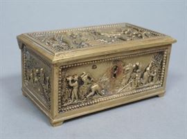 Lot 134 Small Bronze Jewelry Box Casket. Figural relief p