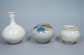 Lot 152 3pcs Korean Pottery. Yi Dynasty. One with blue de