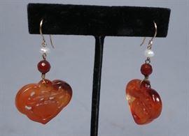 Lot 188 Pr 14K Gold Asian Carved Carnelian Dangle Earring