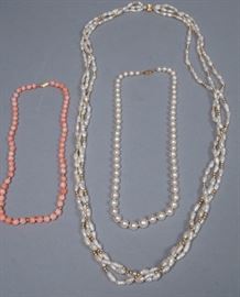 Lot 193 3pc 14K Gold Pearl  Coral Necklaces. Triple stra
