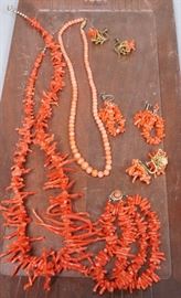 Lot 209 6pc Coral Branch Jewelry. 2 necklaces, double str