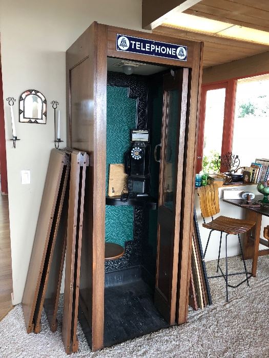 Vintage 1930s phone booth and slat stool - wrought iron base 