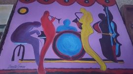 Modern PAINTING on Canvas by Danuta Erman abt 20"W x 32"H.   I believe the medium is acrylic paint.  
Danuta Erman has been for many years been one of leading designers of modern art. Her unique style and flair for bright, rich colors come together in paintings of abstracts and surreal motifs, each offering contemporary elegance and also capturing all the drama and beauty of bold colors and contrast.  
Danuta Erman was raised and educated in Europe.  Her works have a unique pallet of boldness, eloquently expressed in metallic, acrylics, airbrush, and unifying shapes.  Inspired by the need for artistic evolution, Danuta painted with renegade use of formal techniques which reflects its own logic of action, movement, focus, drama, and repose.  Her style set forth the purpose of inviting the viewer to look inward for the work's raison d'etre.  
Danuta's works have been exhibited throughout much of Europe and, more recently, the United Stated.  She and her husband, Gunnar Erman, also an art