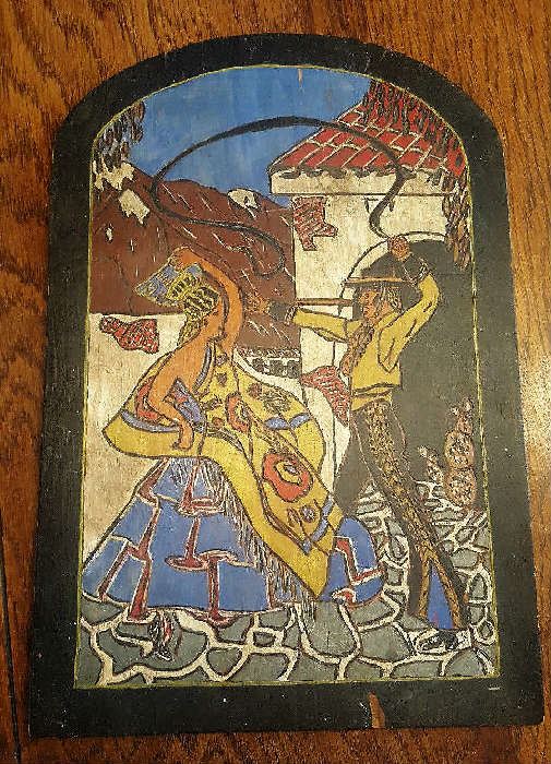This is an antique Spanish painting on wood about 11 75 by 17.75 inches, it also is engraved in to the wood. I was told it was a piece done for the Santa Barbara fiesta, the posters that followed may be based on this. Looks very old, not signed.

