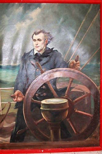 This is a huge original painting with a nautical theme, showing what looks like a ship's captain at the helm of a ship or boat.  Oil on canvas.  The size is about 51"wide (left to right) x 71"tall (top to bottom), this is the size of the painting only, not counting the frame. It is signed, but I can't make out the signature.  Age is unknown, but it looks quite old.  Will need cleaning.  I am not an expert in this field so I will leave cleaning up to the buyer.  The painting was purchased in the 1950's from the MGM studios. 