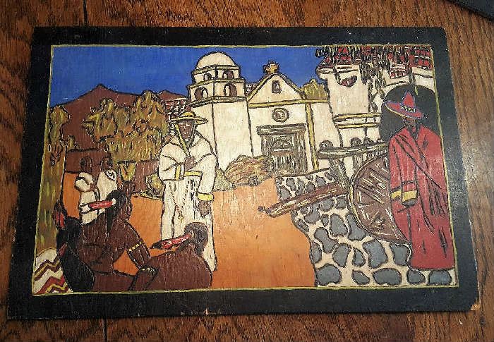 This is an antique Spanish painting on wood about 11 75 by 17.75 inches, it also is engraved in to the wood. I was told it was a piece done for the Santa Barbara fiesta, the posters that followed may be based on this. Looks very old, not signed.