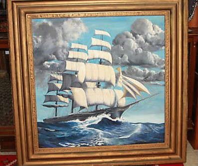 American Clipper - This is  an original, oil on canvas by Leanora L. Munn painted in 1958 for her husband's birthday. The overall size of the frame is about 56in x 56in.  The frame is much older and the hardware on the back is dated 1885. The painting is of a tall ship Lightning. There was an old typed letter in the back of the painting telling the history of the ship.