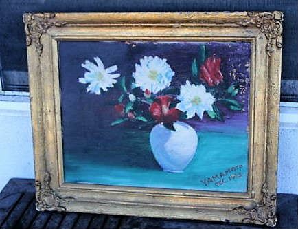 This is  an original, oil on canvas by artist Yamamoto. The outside of the frame measures about 20.5in x 17 inches . Japanese artist signed and dated. Slight damage.