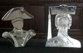 This is a nice set of mirrors / décor from a fancy restaurant in Santa Barbara, CA. These figural mirrors were custom-made in the city of Solo in Central Java. The woman is wearing a Chinese headdress. The man measures about 23"wide x 27-1/2"high and the woman measures about 23-1/2"wide x 28-1/2"high. They are a bit dusty in the picture but will clean up just fine. Very unique, made from small pieces of cut mirrors. They are heavy. 