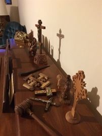 Carved olive wood religious objects