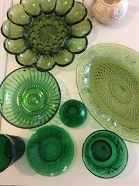 Selection of green glass and Hull creamer