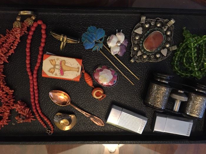 Misc. Smalls:  Coral necklaces, Ivory needle case, enamel pieces, sterling Indian necklace, lighters, etc.