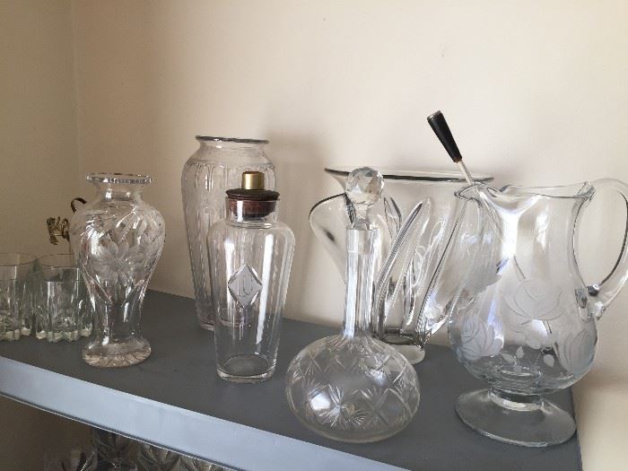 Beautiful OLD glass vases, decanters, pitchers, shaker - all in wonderful condition