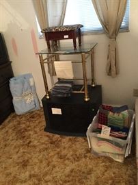 tv stand, brass and glass side table, stool