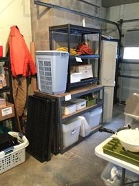 metal shelving and storage bins