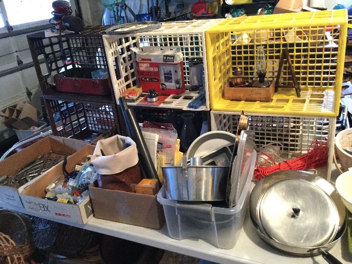 plastic crates, bakeware, household and garage misc