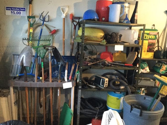 lawn and garden tools, shelving, storage, etc