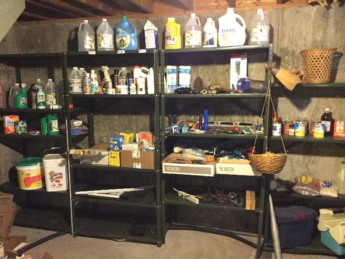 metal shelving, household supplies, etc