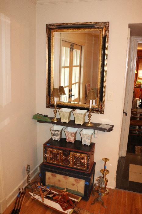 Back & Gold Beveled Mirror, 2 Vintage Painted Chests, Original Wood Art Piece, Vintage Brass Andirons, Tall Brass Candlestick