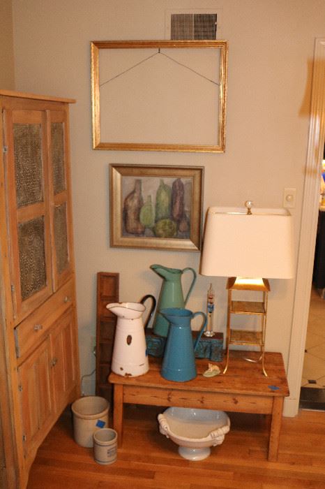 Antique Pine Table, Vintage European Enamelware Pitchers, Vintage Wood Tray Feeder, 3Tier Lamp, Original Art