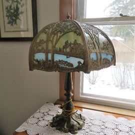 1920 Salem Bros lamp base with ornate scenic panel filigree slag shade