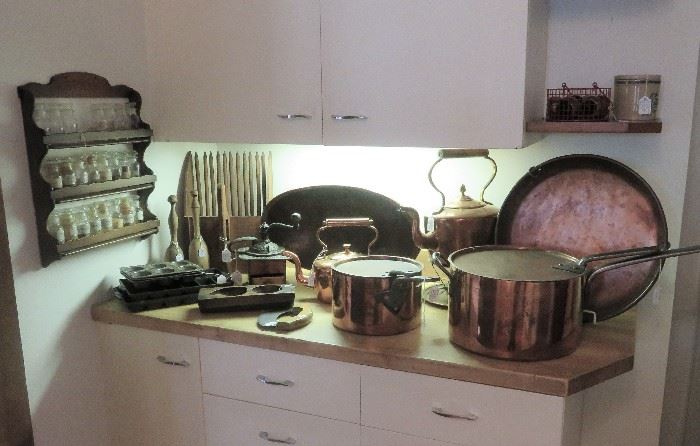 Lots of vintage copper and primitive wooden pieces