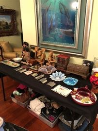 Nic nacs, flasks, jewelry boxes, wood carvings, vases