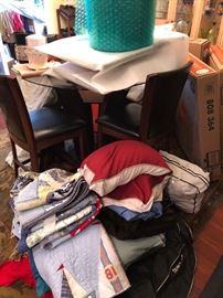 Quilts, linens, blankets, pillows, Dining room bar height table and four chairs