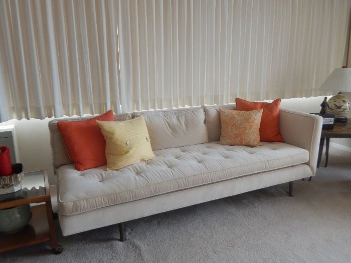 True mid century Herman Miller sofa. Cream velvet. It is called the Bolster sofa.