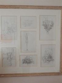 Group of small prints after black/white sketches by Albert Giacometti 1955