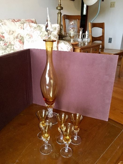 Vintage Amber Decanter with 5 glasses