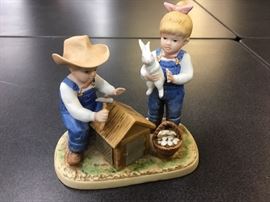 1985 Homco Denim Days Boy and Girl with Rabbit