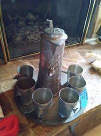 Bavaria Pewter Set. Pre-WWII. Chocolate Pot or Beer Server with 6 Matching Cups and Tray.