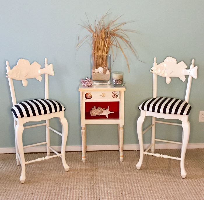 MacKenzie Childs Cod Fish Counter Stools (one chair has some damage)