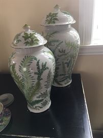 Large fern decorated ginger jars.