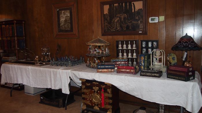 Entire Table of Expensive Franklin Mint Collectibles, New Stained Glass Lamps, Folio Society and Franklin Mint Books