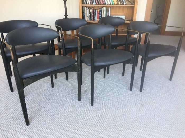 BUY IT NOW! Dan Johnson Viscount chairs set of 6. Seats and backs have been recovered. All frames are structurally sound. Wood could use to be conditioned, and brass could use to be polished. Worn condition consistent with age. 