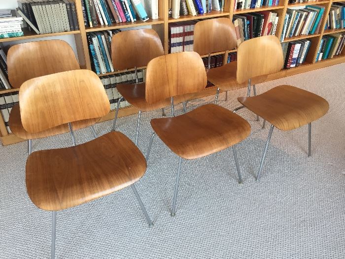 BUY IT NOW! 6 Herman Miller DCM chairs. Worn condition is appropriate for age. Some feet are mismatched, one foot is missing. Structurally sound. No rust on metal.  $1200-