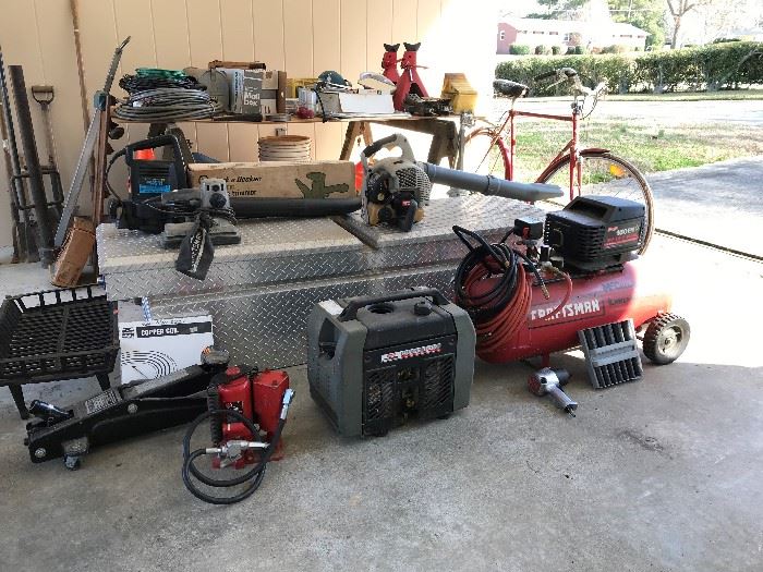 Wide variety of tools, air, automotive, garden, yard, carpentry, electrical and much more not pictured here. Craftsman portable generator, 20-ton jack, air compressor, heavy duty truck bed tool box dual side entry,  vintage  Raleigh bike and more.