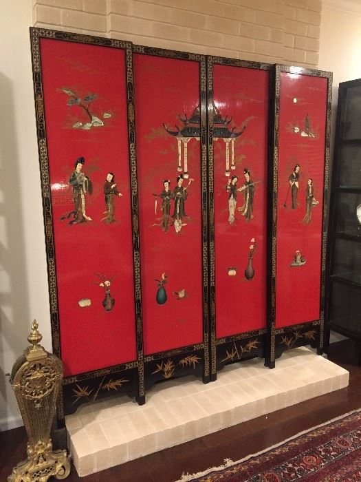 4 Stunning Cinnabar Colored Asian Panels with Handapplied Figures and MotherofPearl Embellishment