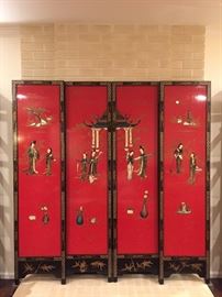 024 Stunning Cinnabar Colored Asian Panels with Handapplied Figures and MotherofPearl Embellishment